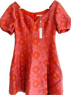 Trina Turk Orange and Pink Floral Jacquard Puff Sleeve Dress